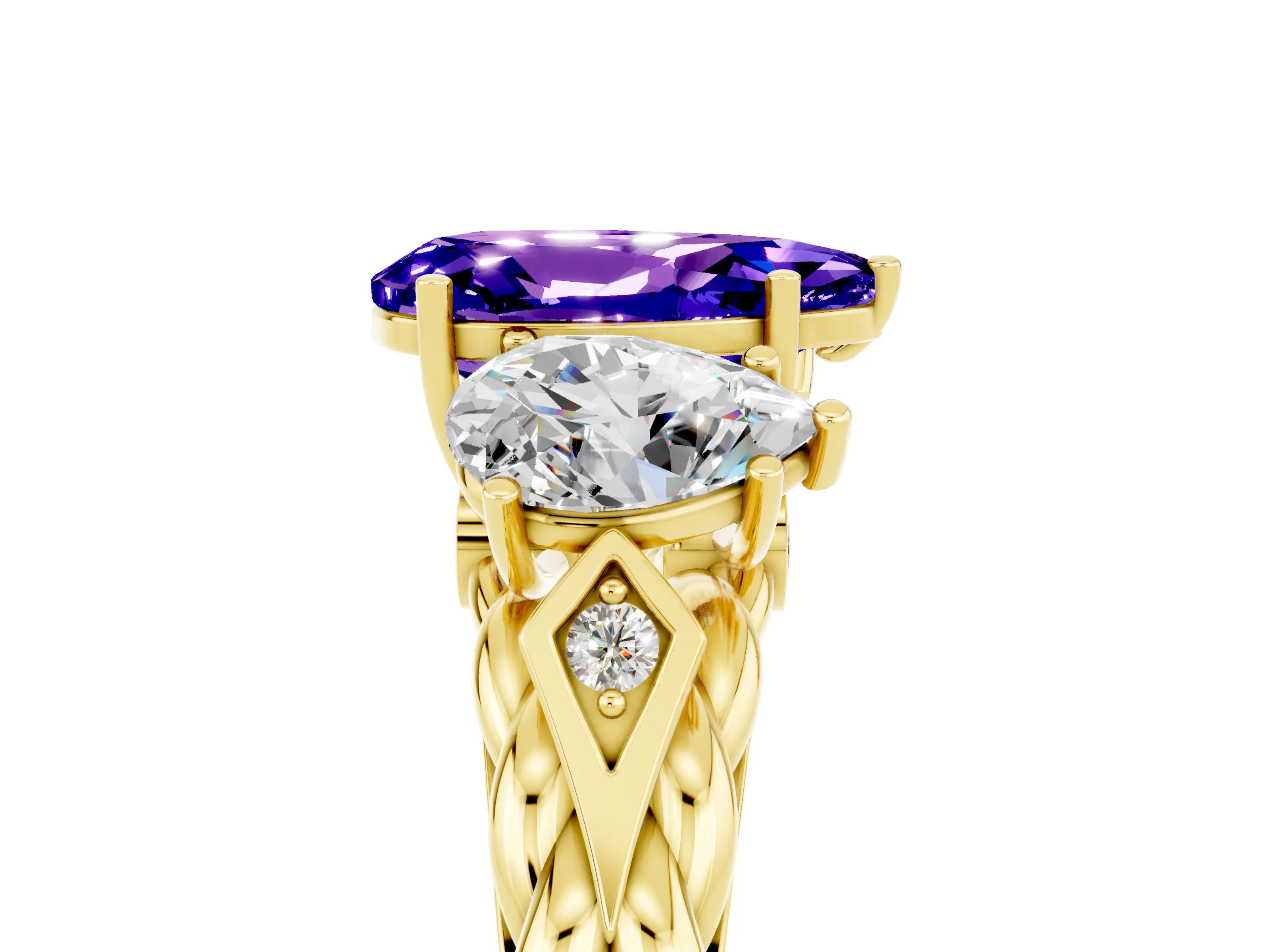 Yellow gold Three-Stone Pear Cut Tanzanite Braided Band Ring with Four-Prong Setting_17