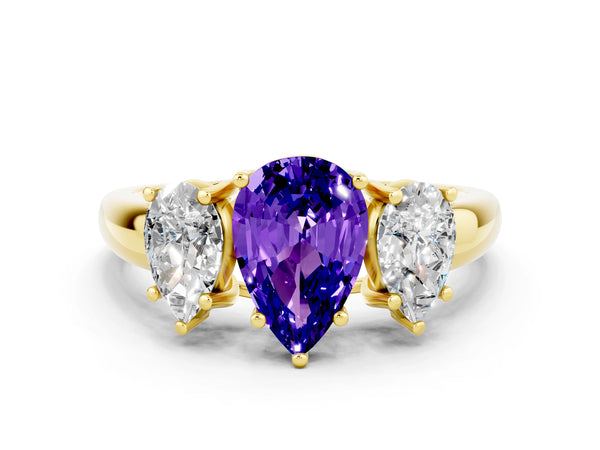 Yellow gold Three-Stone Pear Cut Tanzanite Engagement Ring with Prong Setting