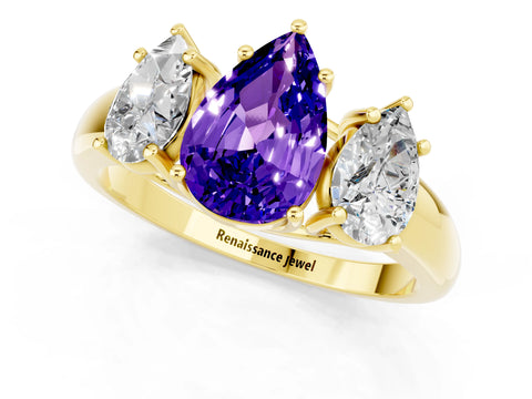 Yellow gold Three-Stone Pear Cut Tanzanite Engagement Ring with Prong Setting_1