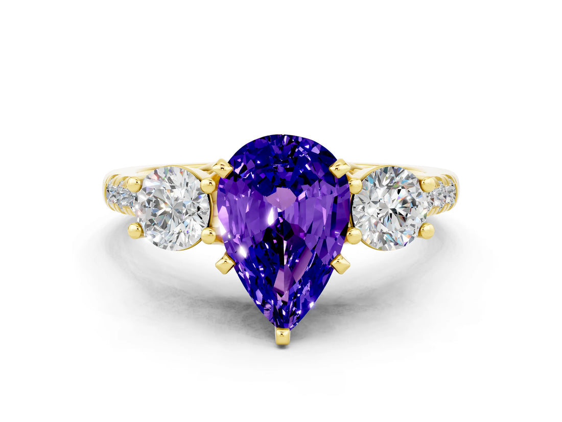 Yellow gold Three-Stone Pear Cut Tanzanite Pavé Band with Four-Prong Setting