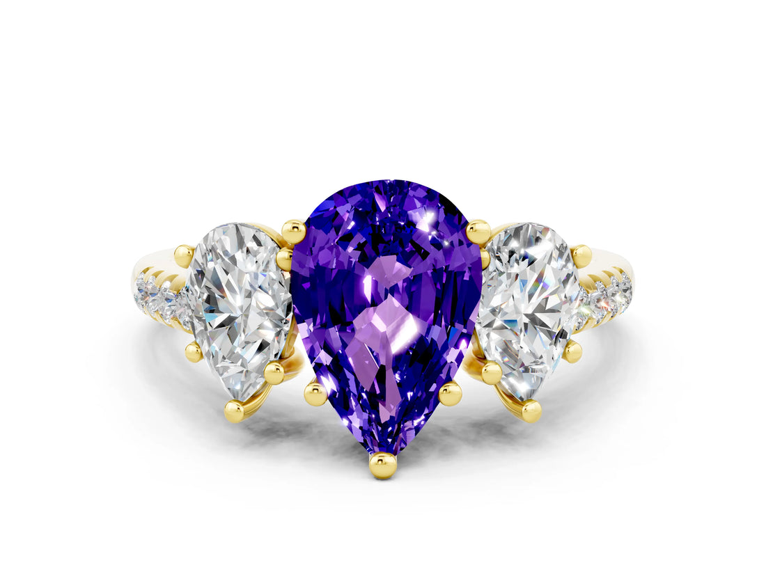 Yellow gold Three-Stone Pear Cut Tanzanite Ring with Pavé Band and Prong Setting_12