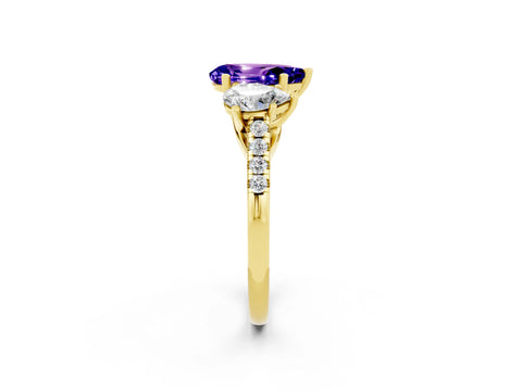 Yellow gold Three-Stone Pear Cut Tanzanite Ring with Pavé Band and Prong Setting_14