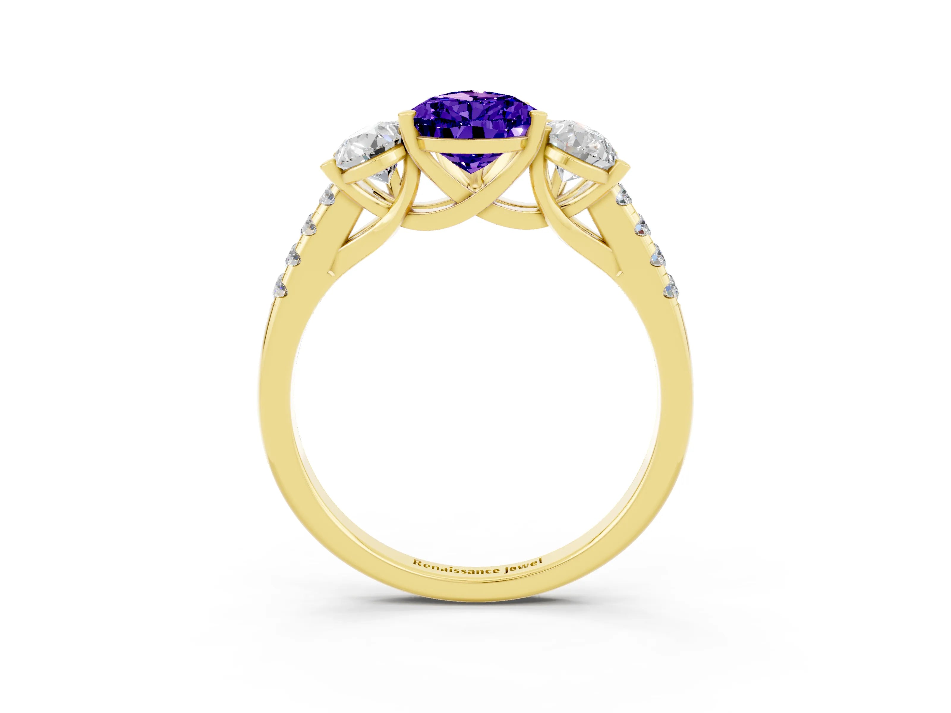 Yellow gold Three-Stone Pear Cut Tanzanite Ring with Pavé Band and Prong Setting_15