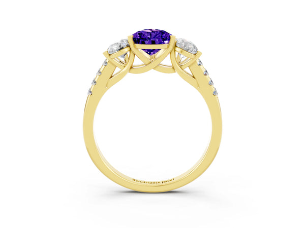 Yellow gold Three-Stone Pear Cut Tanzanite Ring with Round  Pavé Band and Prong Setting