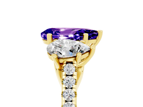 Yellow gold Three-Stone Pear Cut Tanzanite Ring with Pavé Band and Prong Setting_17