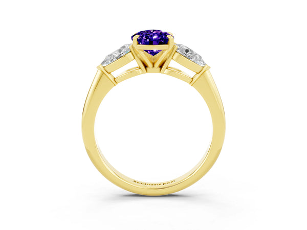 Yellow gold Three-Stone Pear Cut Tanzanite Ring with Pear Side Stones and Four-Prong Setting