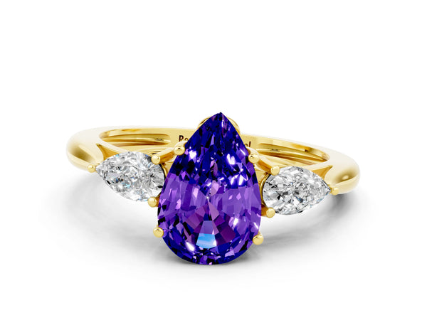 Yellow gold Three-Stone Pear Cut Tanzanite Ring with Pear  Side Stones in Four-Prong Setting