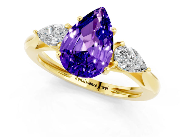Yellow gold Three-Stone Pear Cut Tanzanite Ring with Pear  Side Stones in Four-Prong Setting