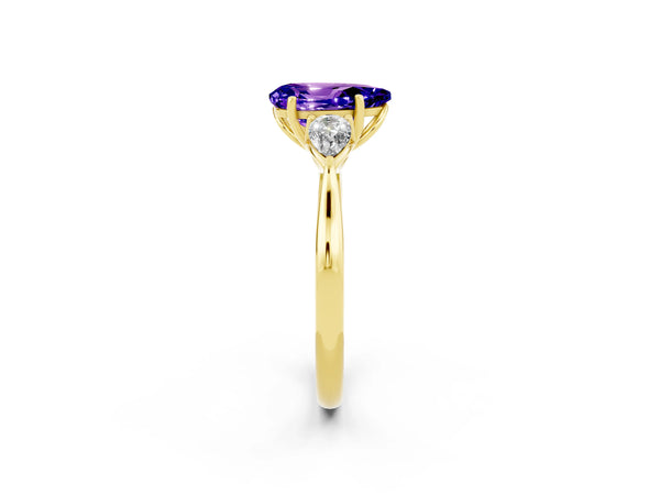 Yellow gold Three-Stone Pear Cut Tanzanite Ring with Pear  Side Stones in Four-Prong Setting