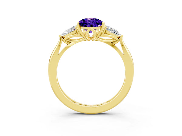 Yellow gold Three-Stone Pear Cut Tanzanite Ring with Pear  Side Stones in Four-Prong Setting