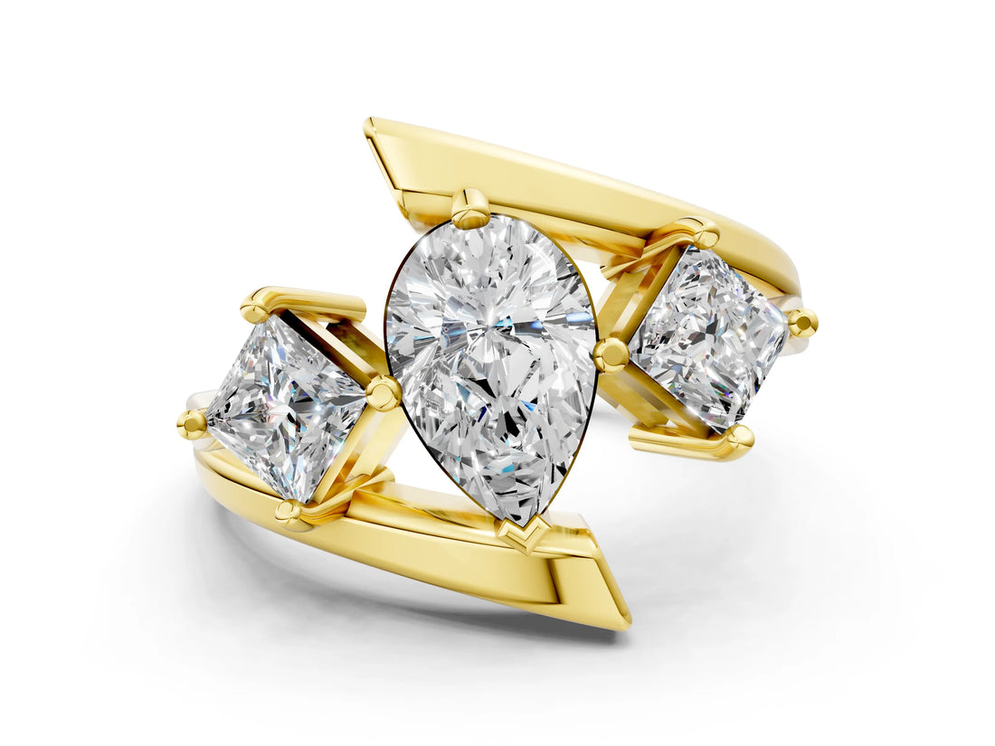 Yellow gold Three-Stone Pear Cut Tension Band Ring with Four-Prong Setting_6