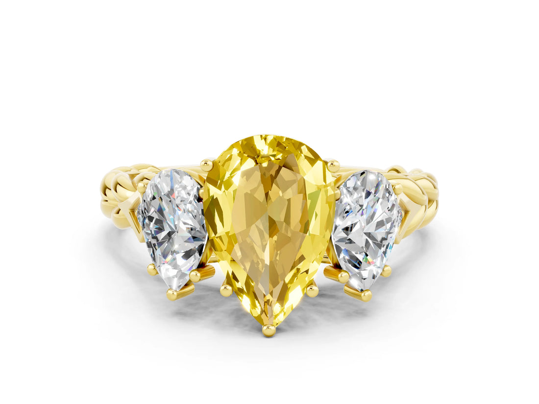 Yellow gold Three-Stone Pear Cut Yellow Sapphire Braided Band Ring with Four-Prong Setting_36