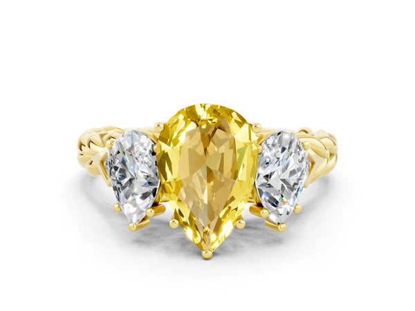 Yellow gold Three-Stone Pear Cut Yellow Sapphire Braided Band Ring with Four-Prong Setting