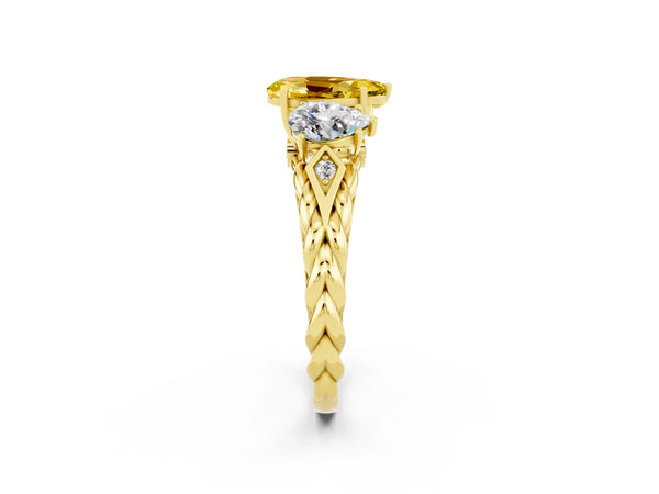 Yellow gold Three-Stone Pear Cut Yellow Sapphire Braided Band Ring with Four-Prong Setting