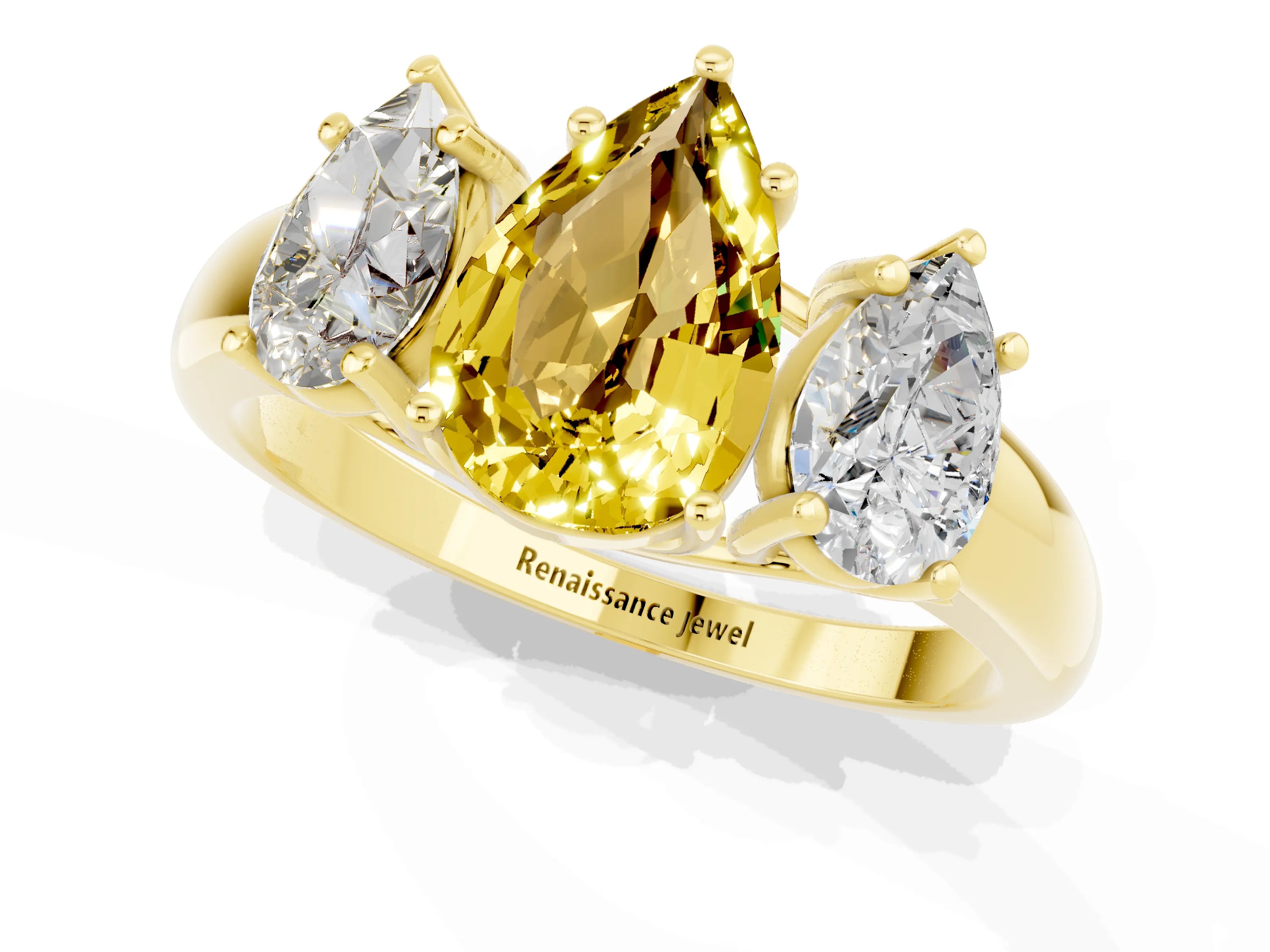 Yellow gold Three-Stone Pear Cut Yellow Sapphire Engagement Ring with Prong Setting_1