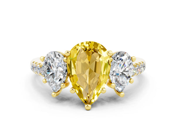 Yellow gold Three-Stone Pear Cut Yellow Sapphire Ring with Round  Pavé Band and Prong Setting