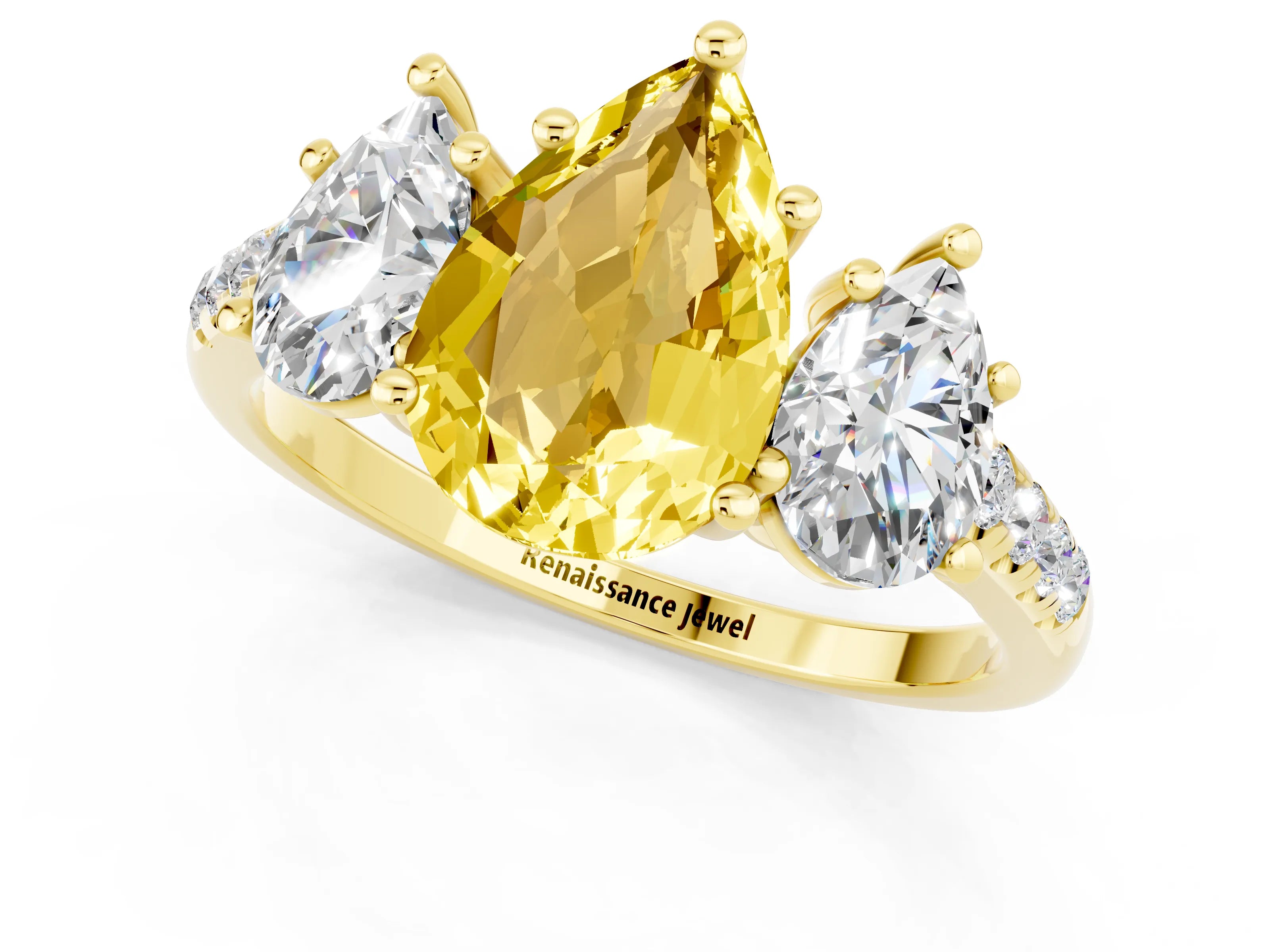 Yellow gold Three-Stone Pear Cut Yellow Sapphire Ring with Pavé Band and Prong Setting_37