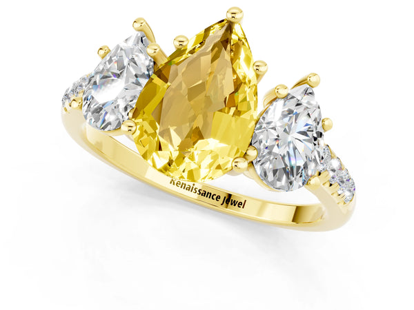 Yellow gold Three-Stone Pear Cut Yellow Sapphire Ring with Round  Pavé Band and Prong Setting