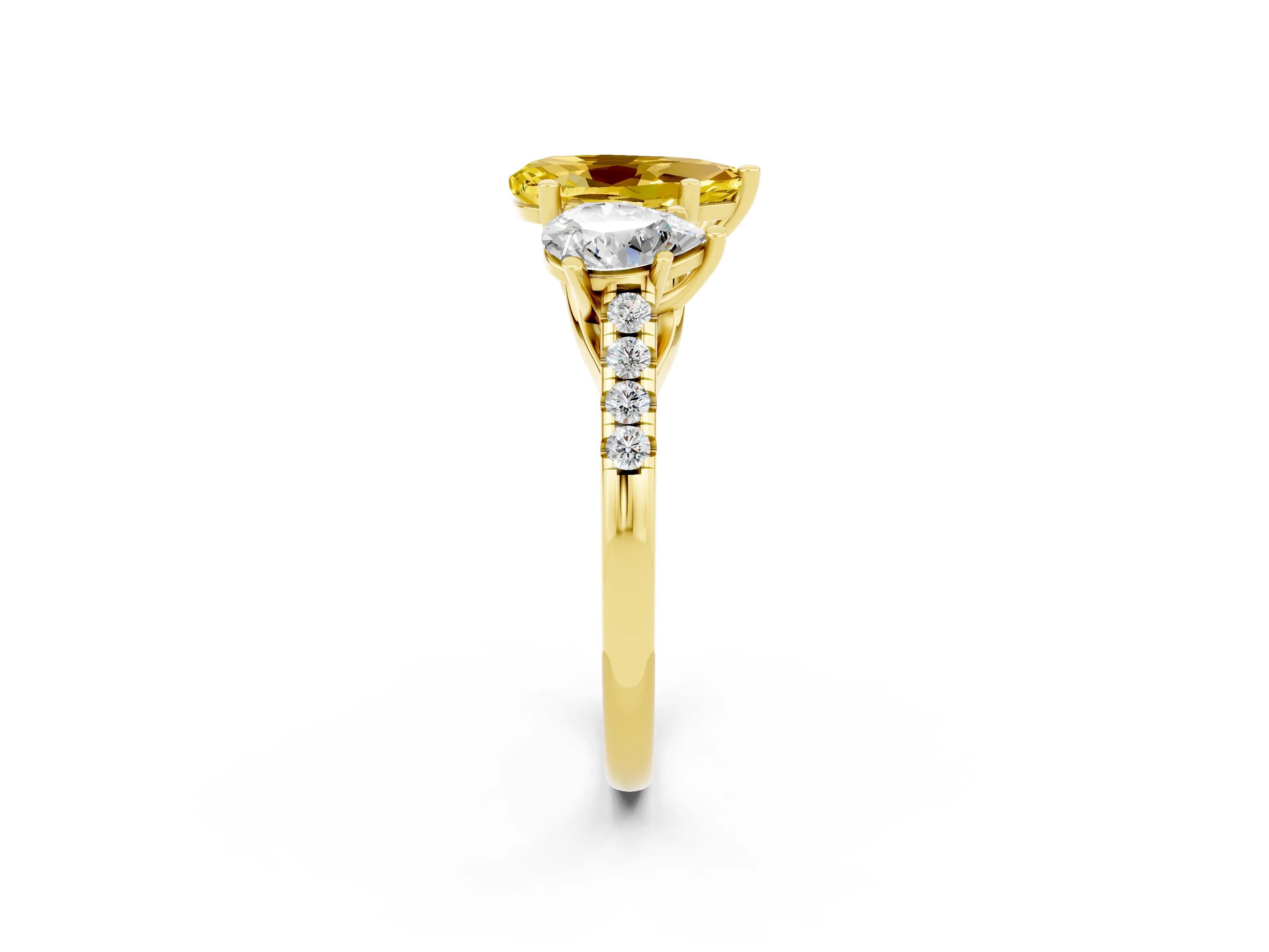 Yellow gold Three-Stone Pear Cut Yellow Sapphire Ring with Pavé Band and Prong Setting_38