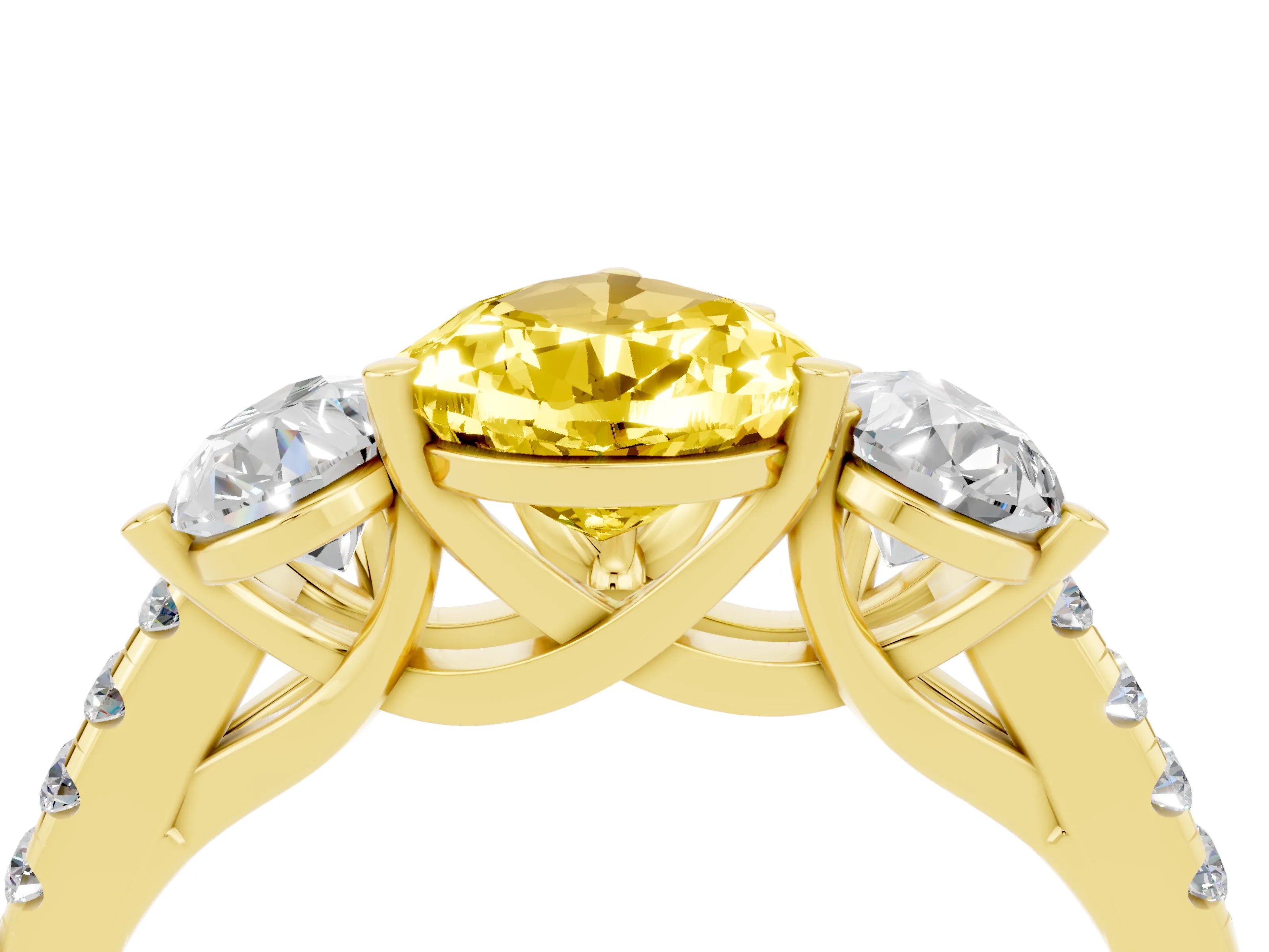 Yellow gold Three-Stone Pear Cut Yellow Sapphire Ring with Pavé Band and Prong Setting_40