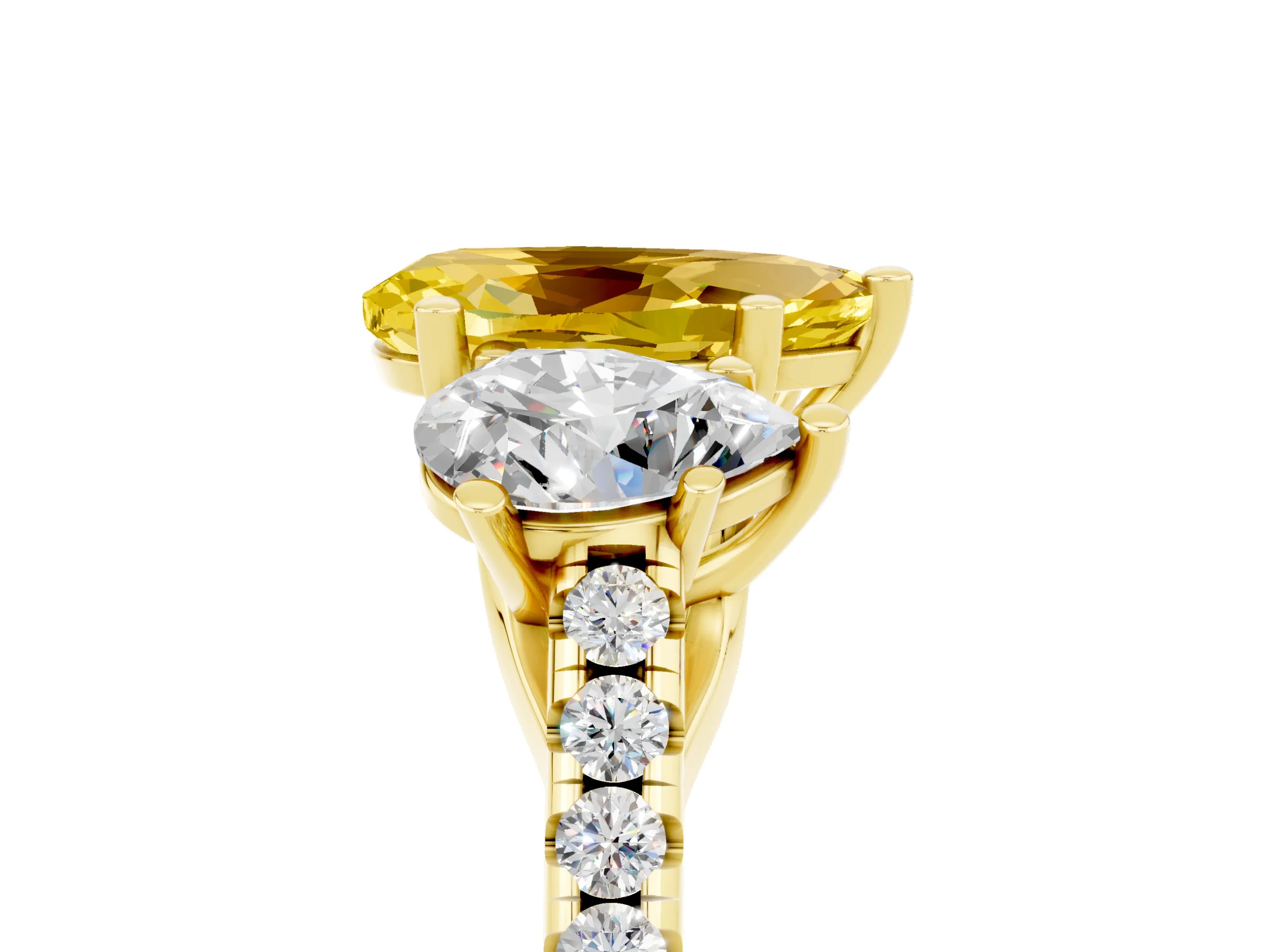 Yellow gold Three-Stone Pear Cut Yellow Sapphire Ring with Pavé Band and Prong Setting_41