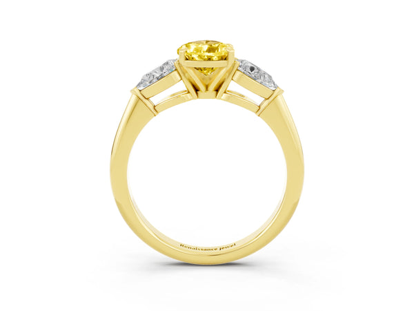 Yellow gold Three-Stone Pear Cut Yellow Sapphire Ring with Pear Side Stones and Four-Prong Setting