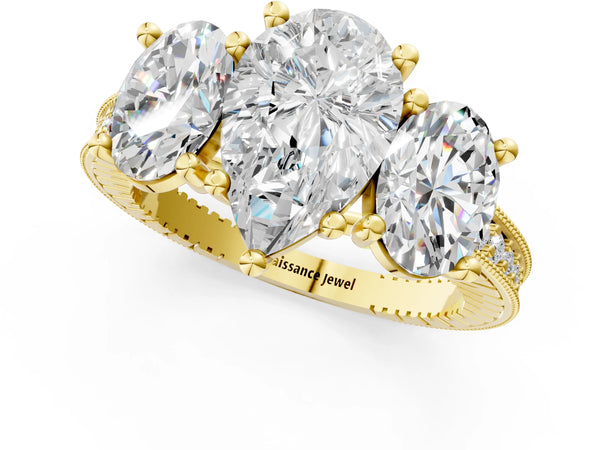 Yellow Gold Pear-Shaped Three-Stone Vintage Engagement Ring Setting with Milgrain Pave Band