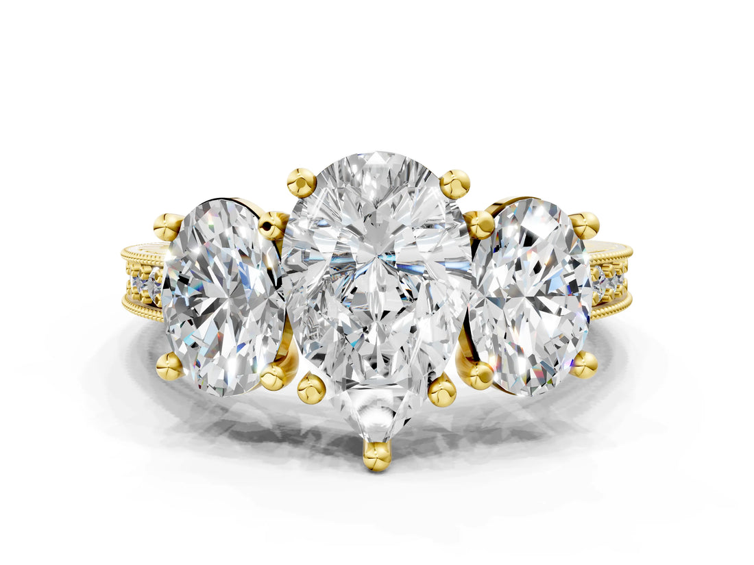 Yellow gold Three-Stone Pear Diamond Milgrain Pave Band with Prong Setting
