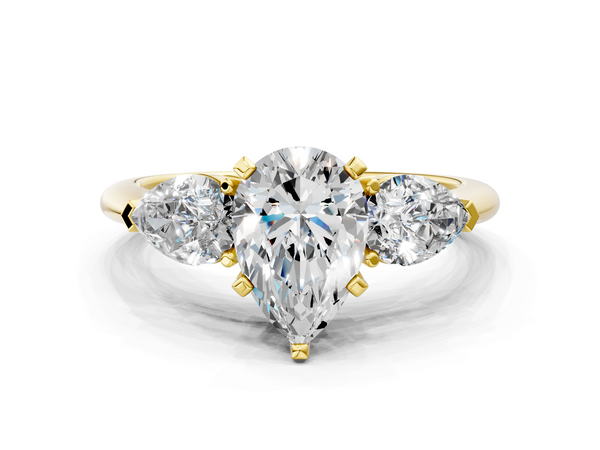Yellow gold Three-Stone Pear Cut Diamond Ring with Pear Side Stones and Four-Prong Setting