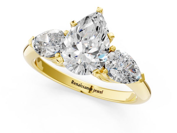 Yellow gold Three-Stone Pear Cut Diamond Ring with Pear Side Stones and Four-Prong Setting