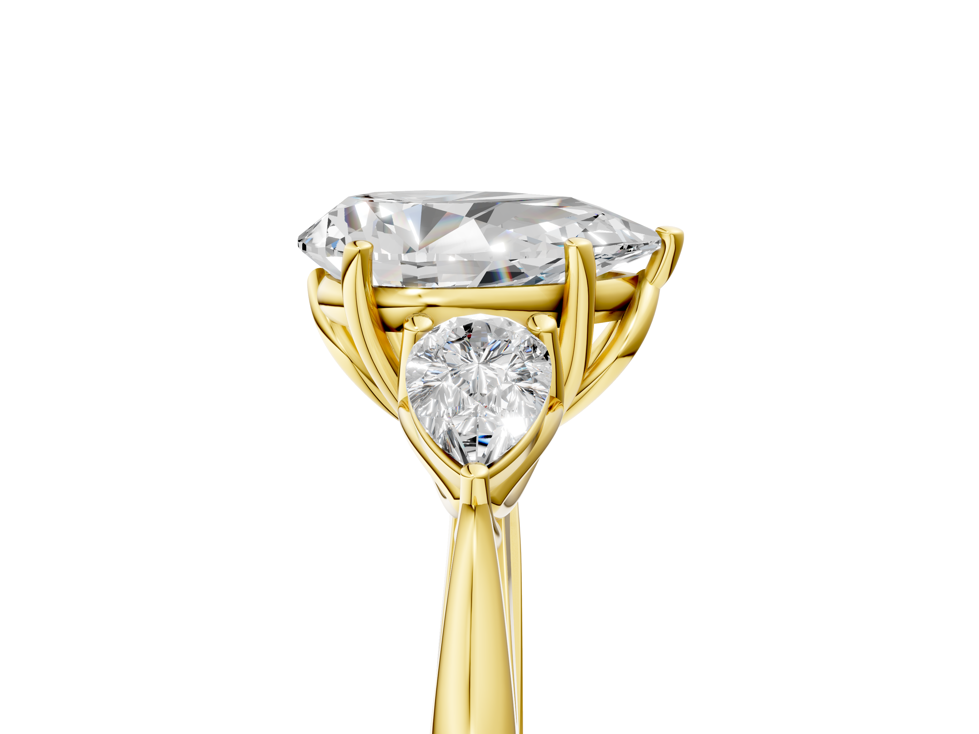Yellow gold Three-Stone Pear Diamond Solitaire Ring with Pear Side Stones and Four-Prong Setting_75