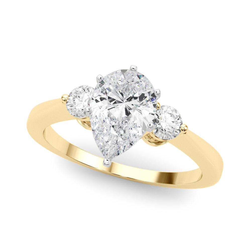 Yellow gold Three-Stone Pear Solitaire Ring with Tapered Band and Six-Prong Setting
