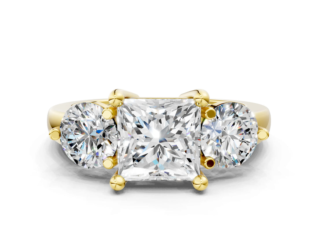 Yellow gold Three-Stone Princess Brilliant Cut Solitaire Ring with Prong Setting on a Classic Band