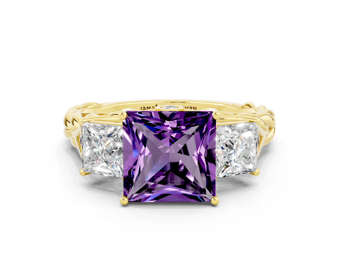 Yellow gold Three-Stone Princess Cut Amethyst Braided Band Ring with Four-Prong Setting_12