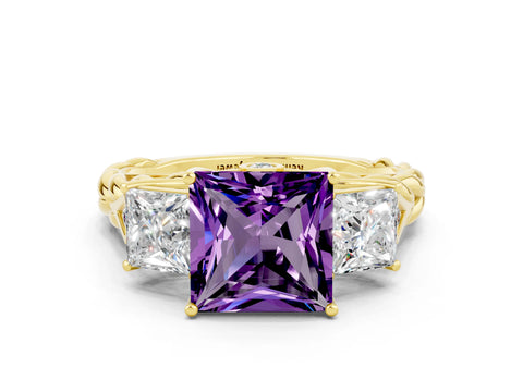 Yellow gold Three-Stone Princess Cut Amethyst Braided Band Ring with Four-Prong Setting_12