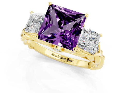Yellow gold Three-Stone Princess Cut Amethyst Braided Band Ring with Four-Prong Setting_13