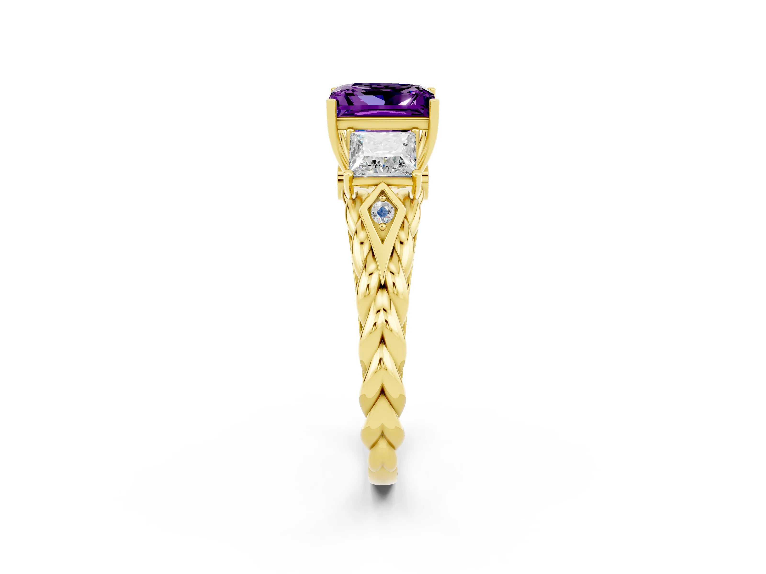 Yellow gold Three-Stone Princess Cut Amethyst Braided Band Ring with Four-Prong Setting_14