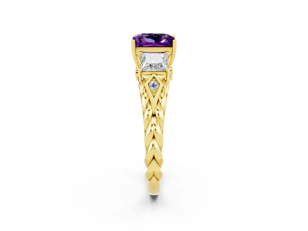 Yellow gold Three-Stone Princess Cut Amethyst Braided Band Ring with Four-Prong Setting
