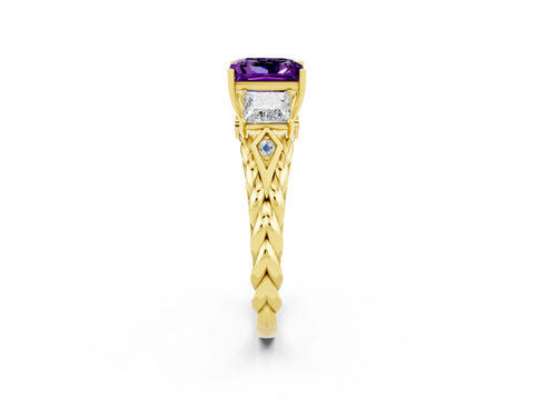 Yellow gold Three-Stone Princess Cut Amethyst Braided Band Ring with Four-Prong Setting_14