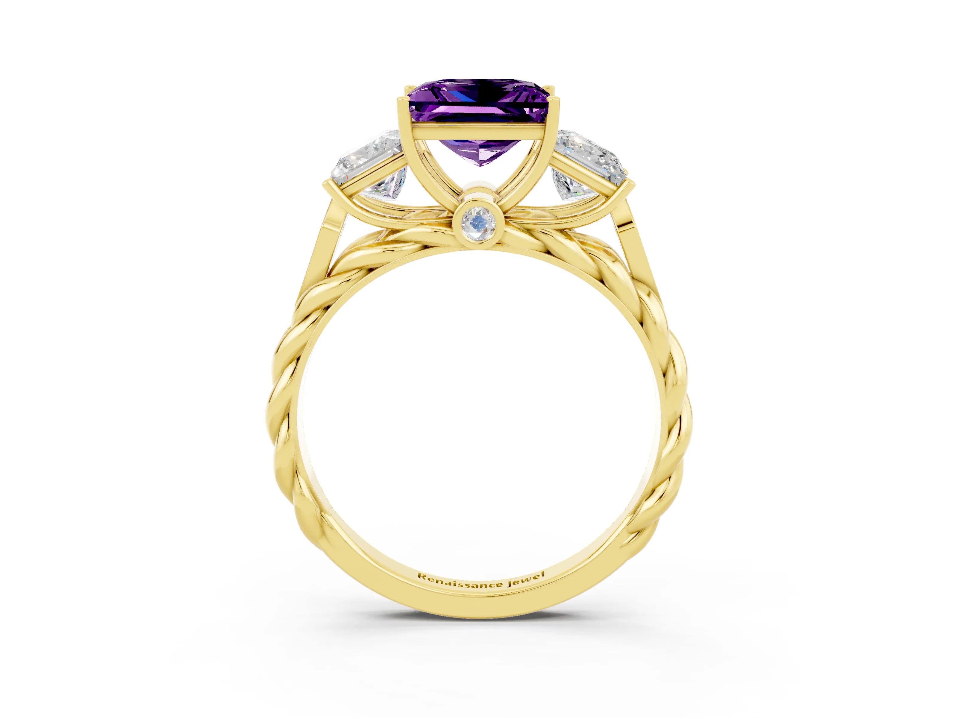 Yellow gold Three-Stone Princess Cut Amethyst Braided Band Ring with Four-Prong Setting_15