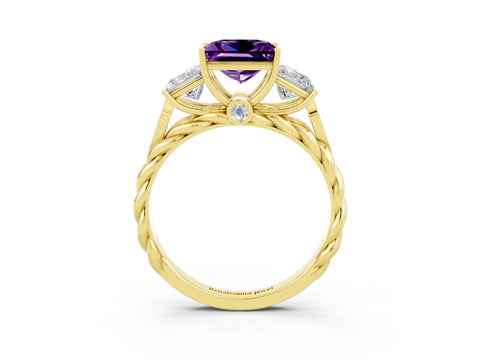 Yellow gold Three-Stone Princess Cut Amethyst Braided Band Ring with Four-Prong Setting_15