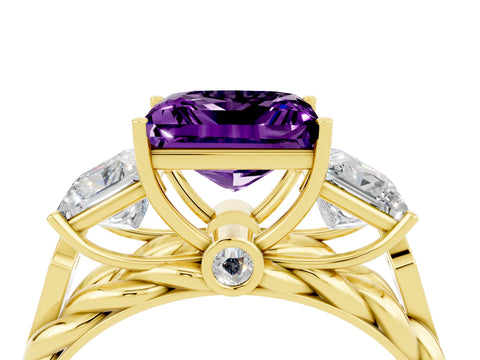 Yellow gold Three-Stone Princess Cut Amethyst Braided Band Ring with Four-Prong Setting_16