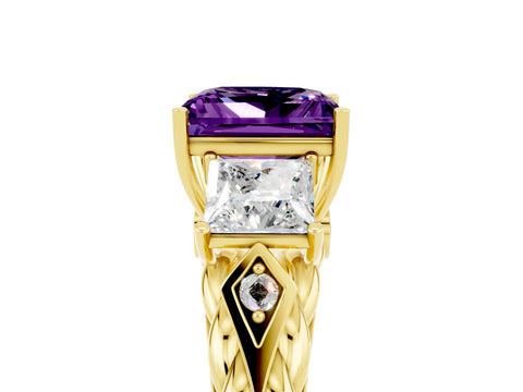 Yellow gold Three-Stone Princess Cut Amethyst Braided Band Ring with Four-Prong Setting_17