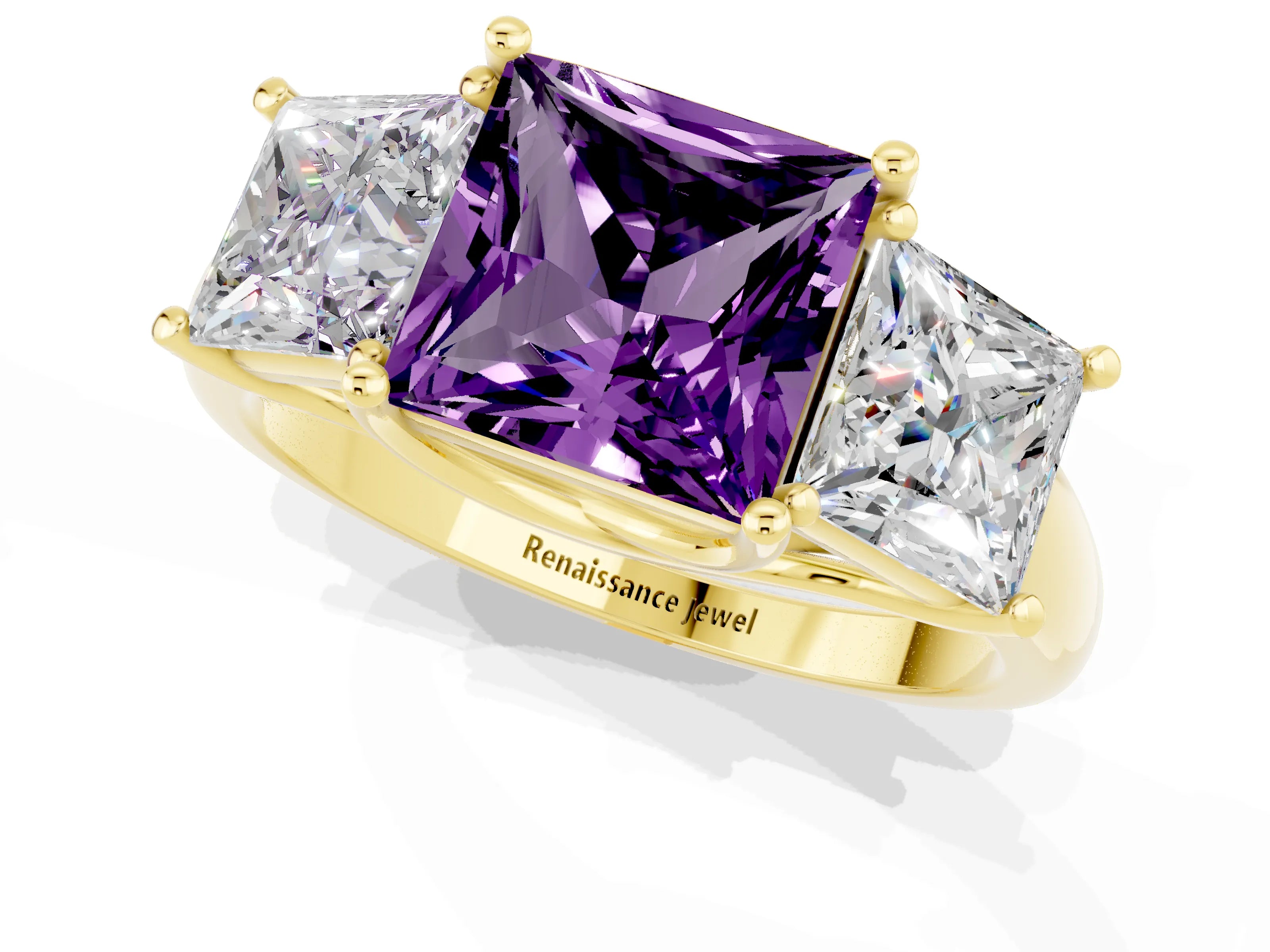 Yellow gold Three-Stone Princess Cut Amethyst Engagement Ring with Prong Setting_1
