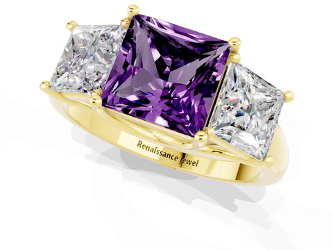 Yellow gold Three-Stone Princess Cut Amethyst Engagement Ring with Prong Setting_1