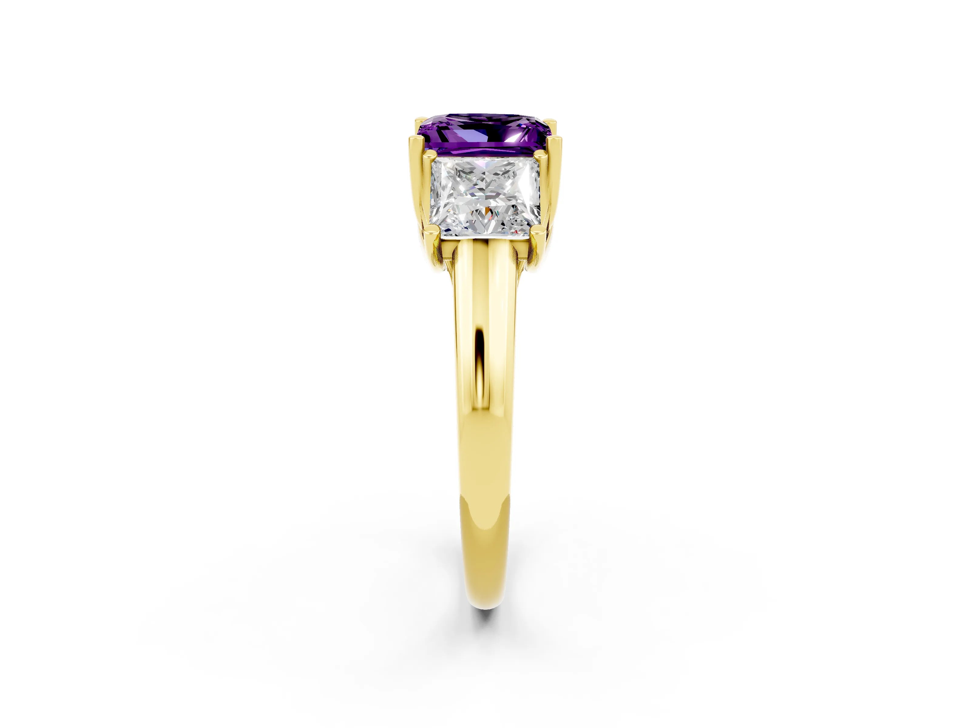 Yellow gold Three-Stone Princess Cut Amethyst Engagement Ring with Prong Setting_2