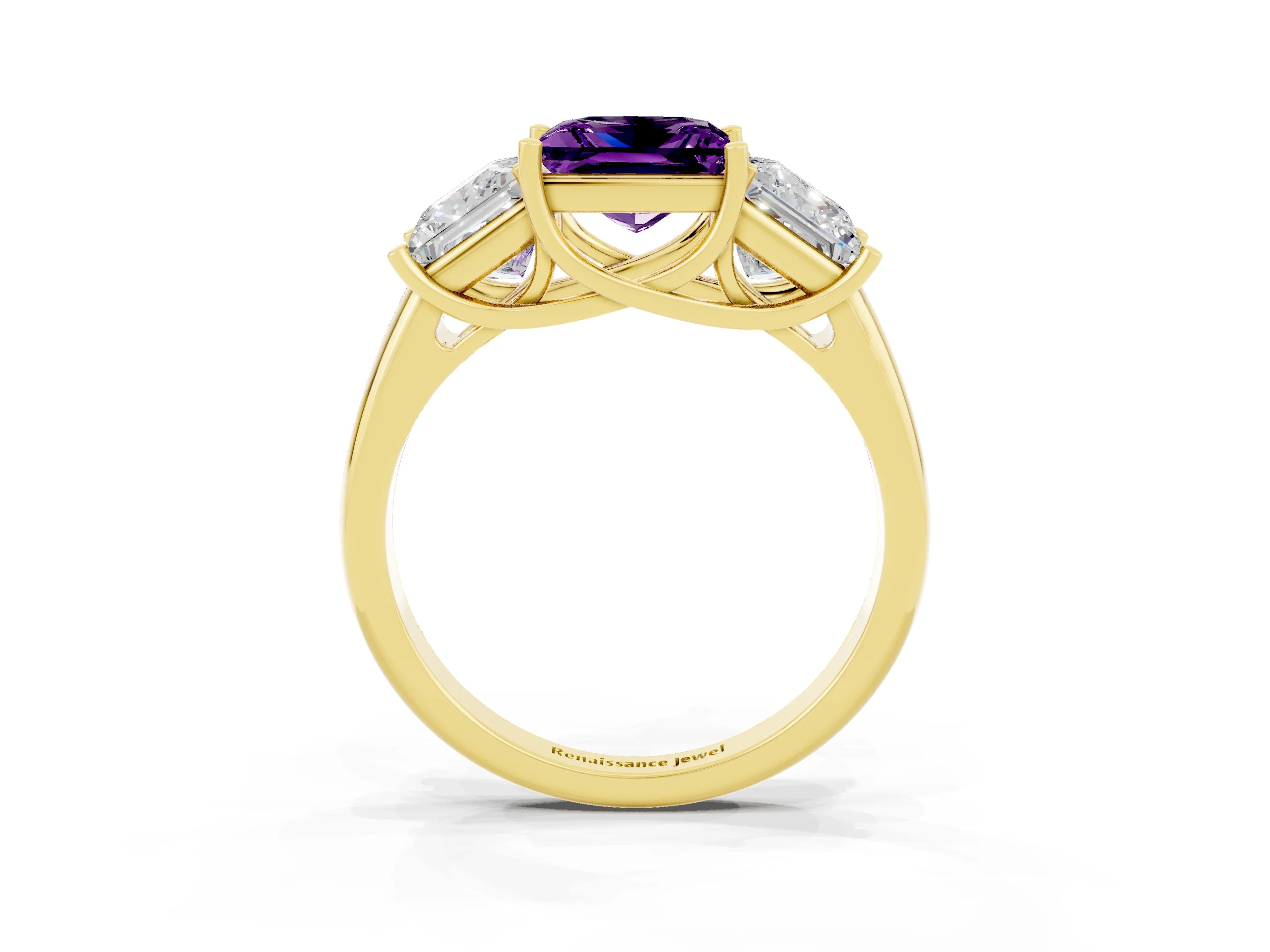 Yellow gold Three-Stone Princess Cut Amethyst Engagement Ring with Prong Setting_3