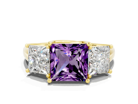 Yellow gold Three-Stone Princess Cut Amethyst Engagement Ring with Prong Setting