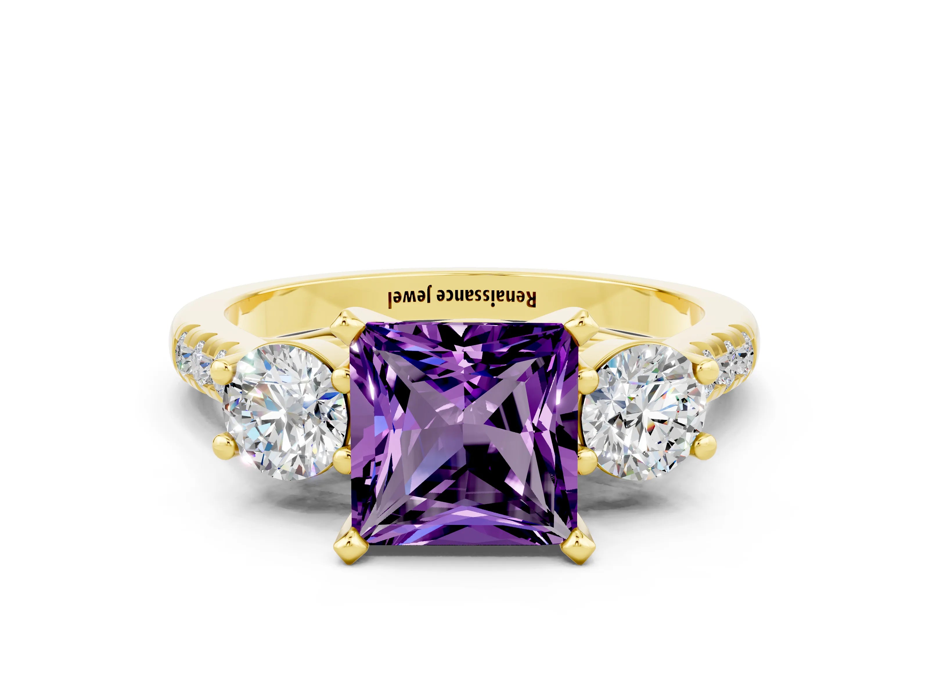 Yellow gold Three-Stone Princess Cut Amethyst Pavé Band with Four-Prong Setting