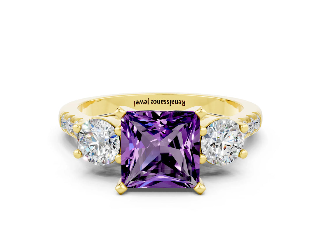 Yellow gold Three-Stone Princess Cut Amethyst Pavé Band with Four-Prong Setting